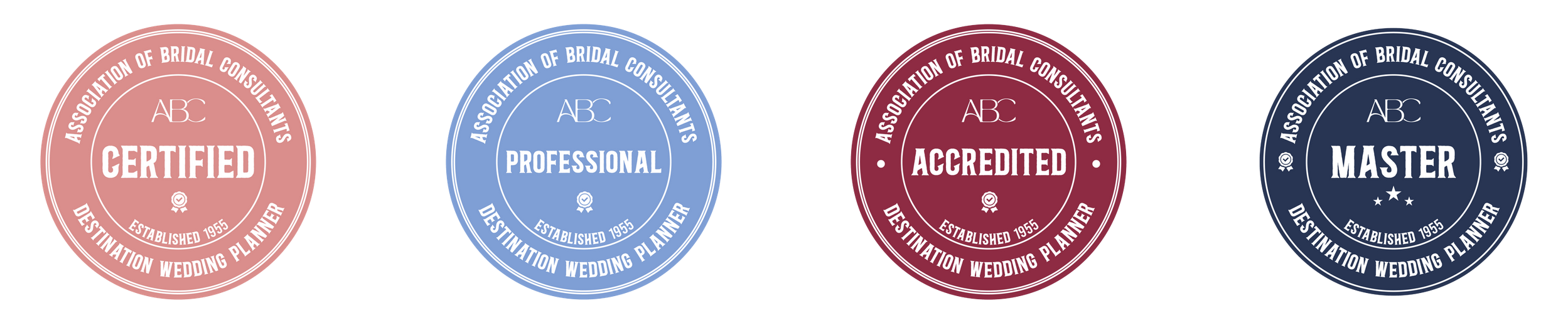 Four cirlces with "Association of Bridal Consultants" and the four different categories of designations - Cerified, Professional, Accredited, and Master