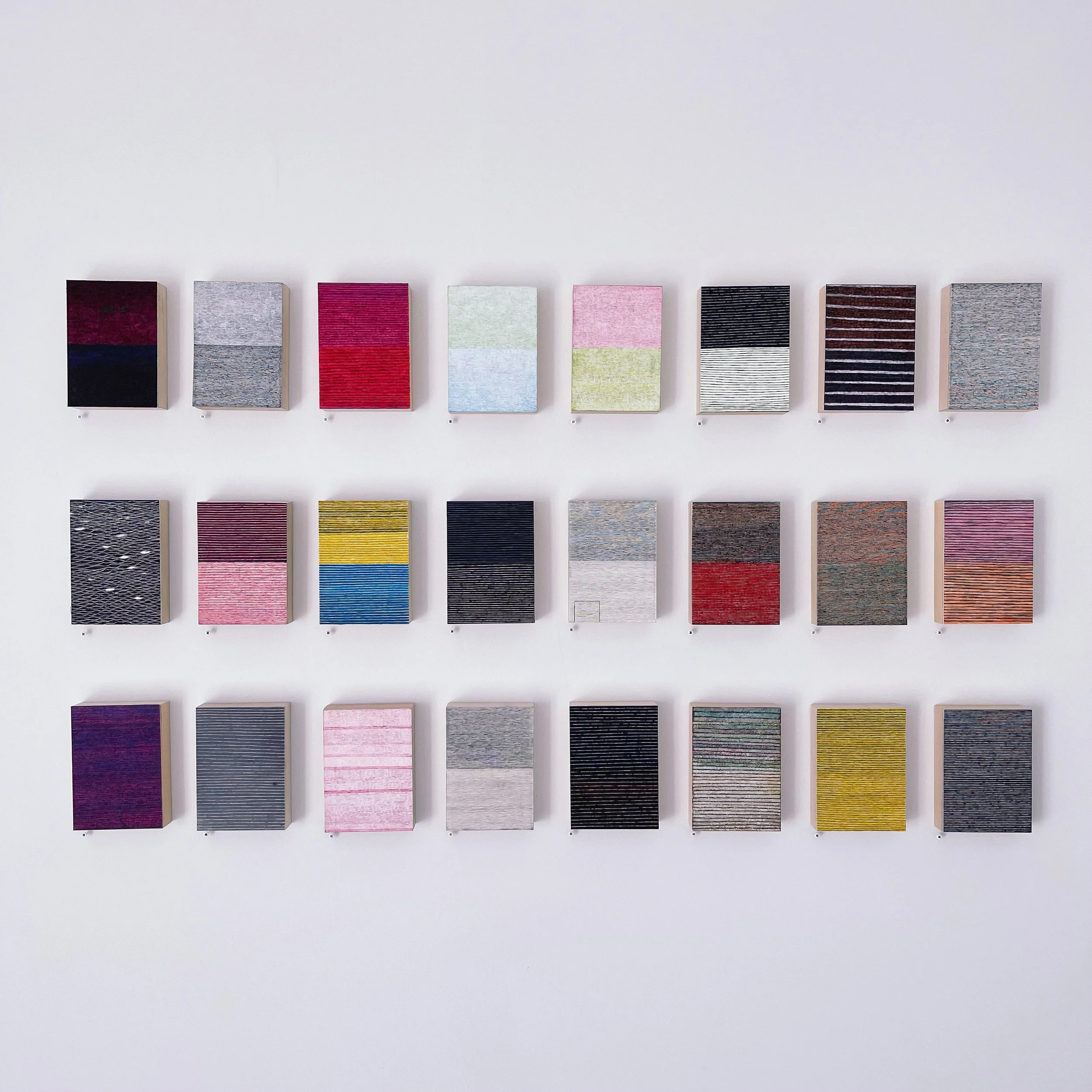 Small waves series, ink drawings on museum board mounted on aluminum with wooden rear frame, each 7” x  5” x 1.5”