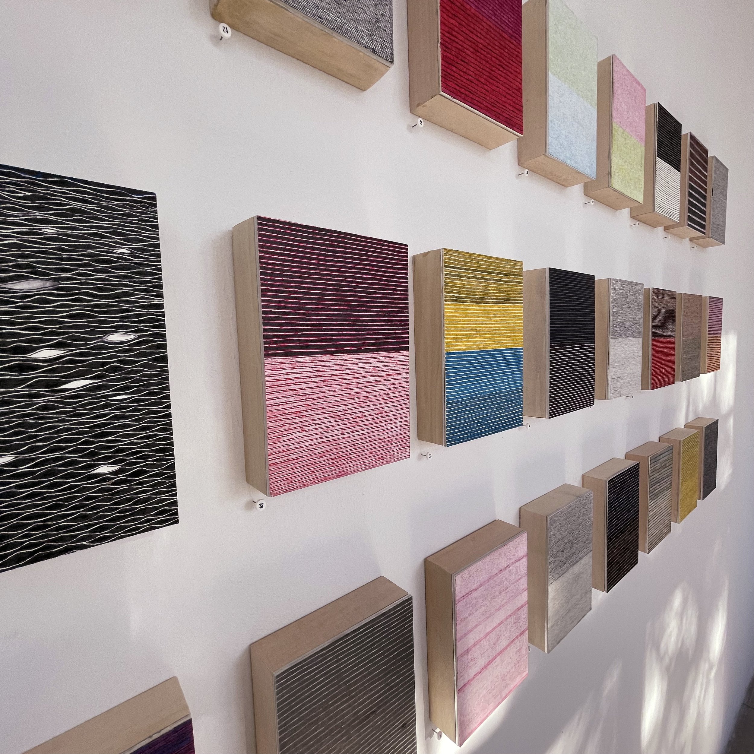 Small waves series, ink drawings on museum board mounted on aluminum with wooden rear frame, each 7” x  5” x 1.5”
