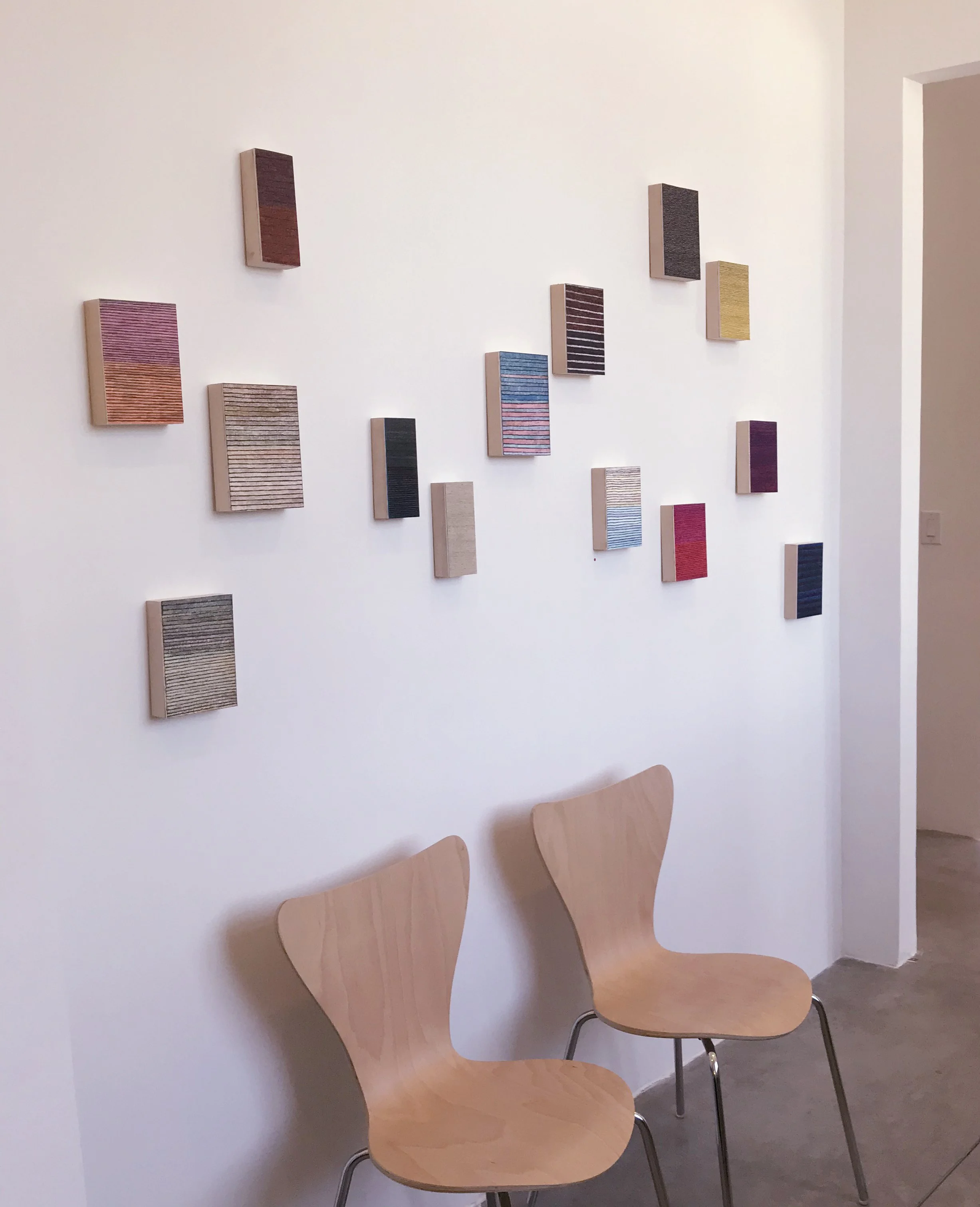 Small waves series, ink drawings on museum board mounted on aluminum with wooden rear frame, each 7” x  5” x 1.5”
