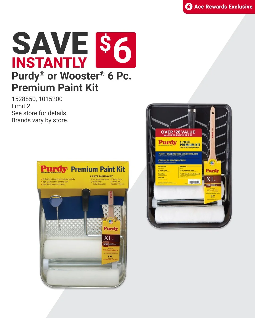 Ready to tackle your next painting project? Save $6 on select Purdy&reg; or Wooster&reg; paint kits as an Ace Rewards member! 🔧🎨 Limit 2 per customer. Offer valid through 10/31. Visit us for details and get started today! 🛠️ #MyLocalAce #PaintingS
