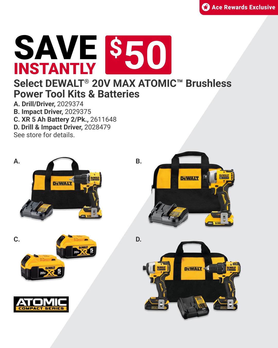 Helping someone tackle home projects? Ace Rewards members save $50 on DEWALT&reg; power tool kits and batteries. Offer valid through 12/1. Learn more at https://www.acehardware.com/local-ad?store=10684 #MyLocalAce