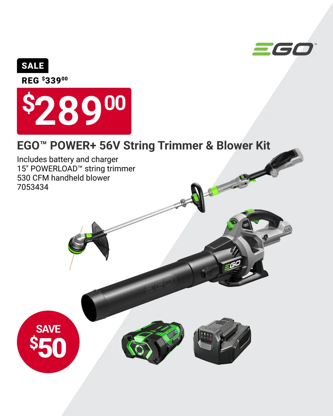 Ace Rewards members can take on yard work for less. Get the EGO&trade; POWER+ 56V string trimmer and blower kit for $289 and save $50. With battery and charger included, it&rsquo;s a simple way to trim, clear, and keep your yard looking sharp without
