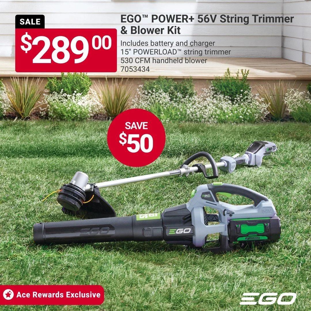 Tackle trimming and cleanup with quiet cordless power using the EGO&reg; Power+ 56V String Trimmer &amp; Blower Kit, built for easy handling and reliable performance around your yard. Sale valid through 6/30/26. #MaineHardware #AceHardware #MyLocalAc