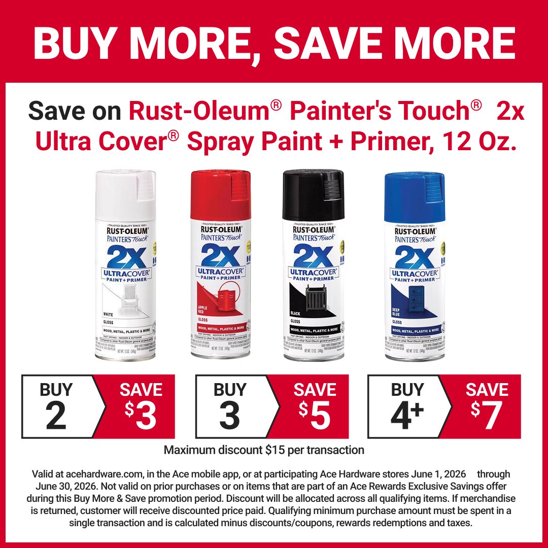 Stock up and save on Rust‑Oleum&reg; Painter&rsquo;s Touch&reg; 2X Ultra Cover&reg; spray paint plus primer, 12 oz., with Buy More, Save More deals that help you finish projects faster and with fewer coats. #MyLocalAce #MaineHardware #AceHardware #Ru