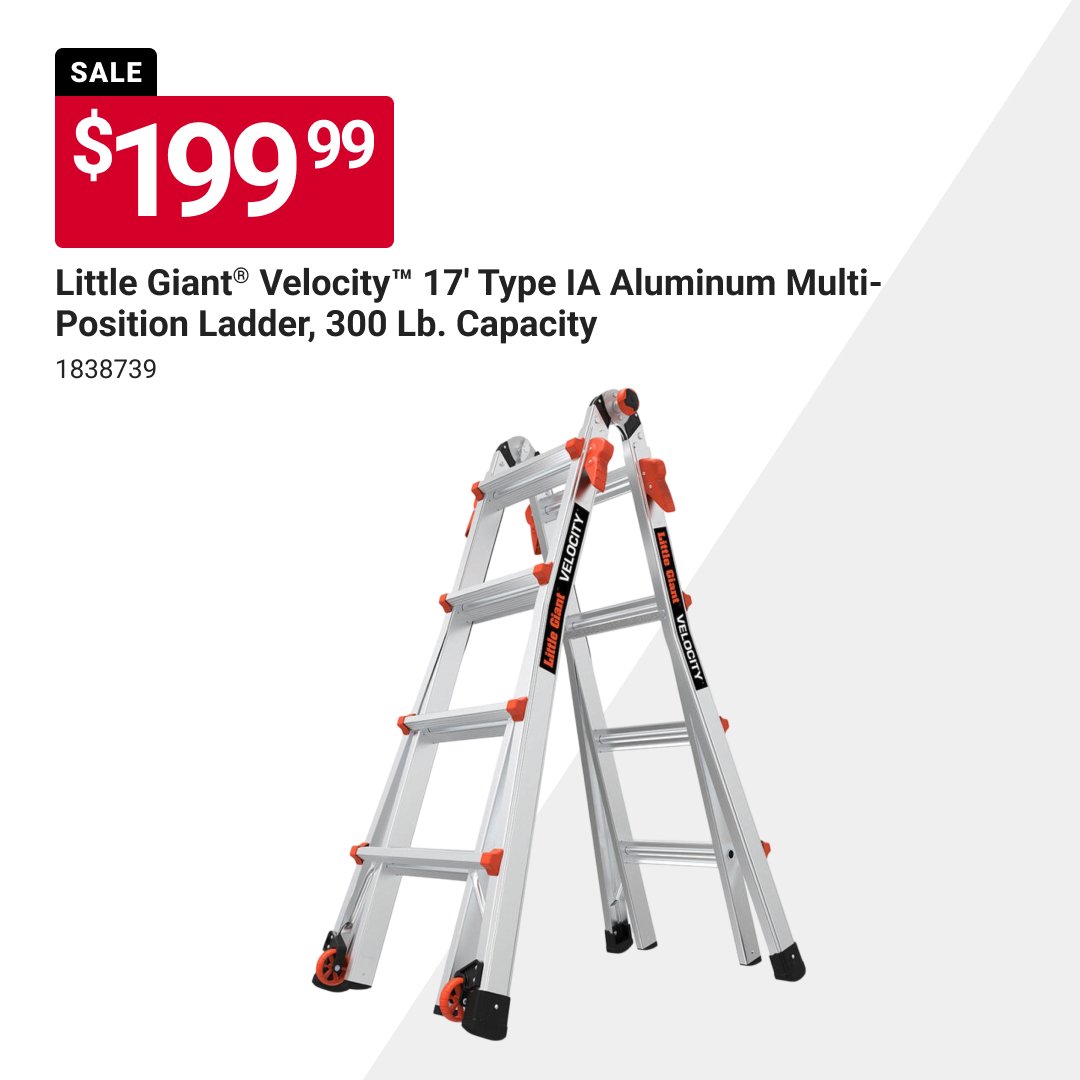 Reach higher with confidence using the Little Giant&reg; Velocity&trade; 17 ft. Type IA aluminum multi‑position ladder for just $199.99, designed for versatility, strength, and reliable support on projects around your home. Sale valid through 6/30/26