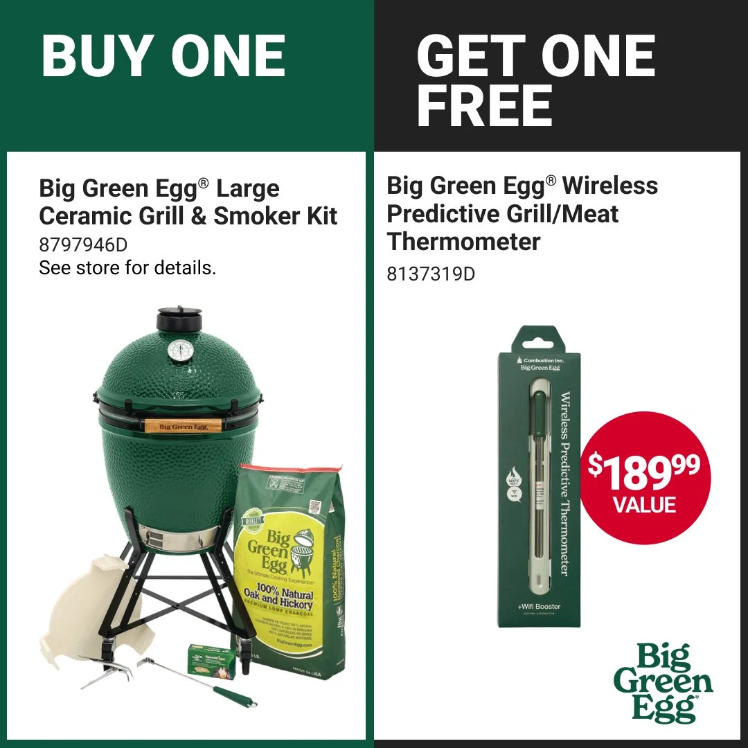 Take your backyard cooking to the next level with the Big Green Egg&reg; Large Ceramic Grill &amp; Smoker Kit. 🥩🔥 Delivering precise temperature control and legendary ceramic cooking performance for every occasion. Sale valid through 9/30/26.