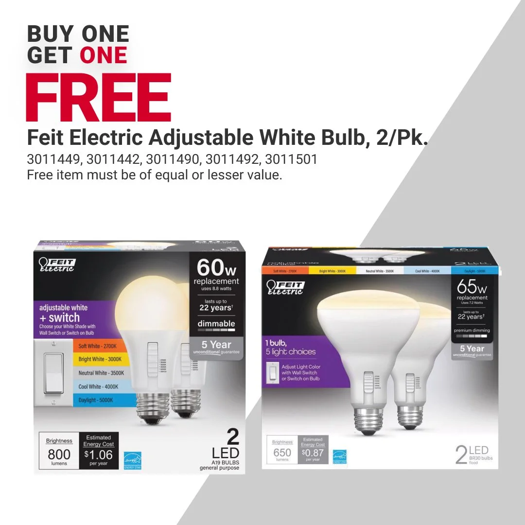 Customize your lighting with Feit Electric&reg; Adjustable White LED Bulbs. 💡 Delivering three selectable color temperatures to help create the perfect ambiance throughout your home. Offer valid through 10/31/26. #MyLocalAce