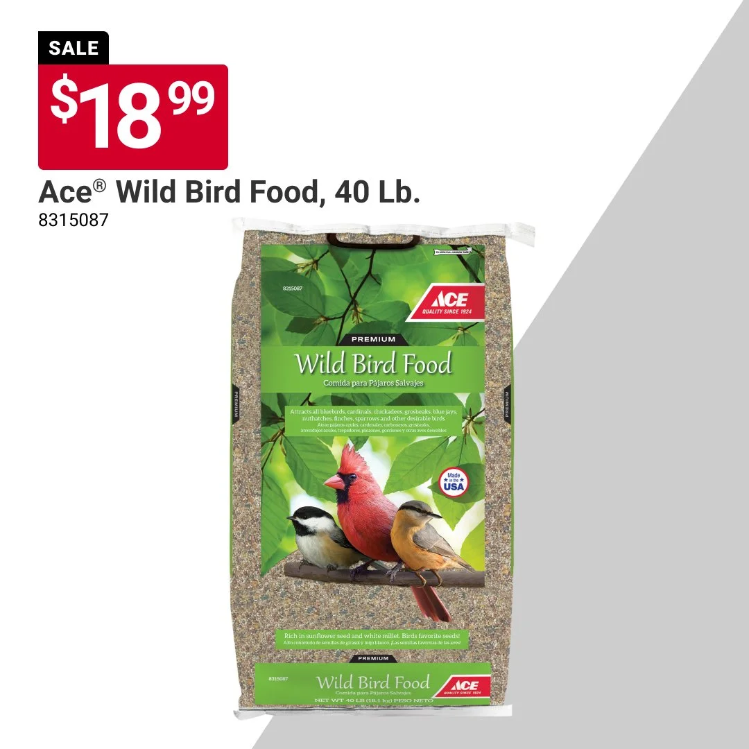 Attract a variety of feathered visitors with Ace&reg; Wild Bird Food. 🐦 Delivering quality seed blends that help keep backyard birds coming back season after season. Offer valid through 10/31/26. #MaineHardware #AceHardware #MyLocalAce