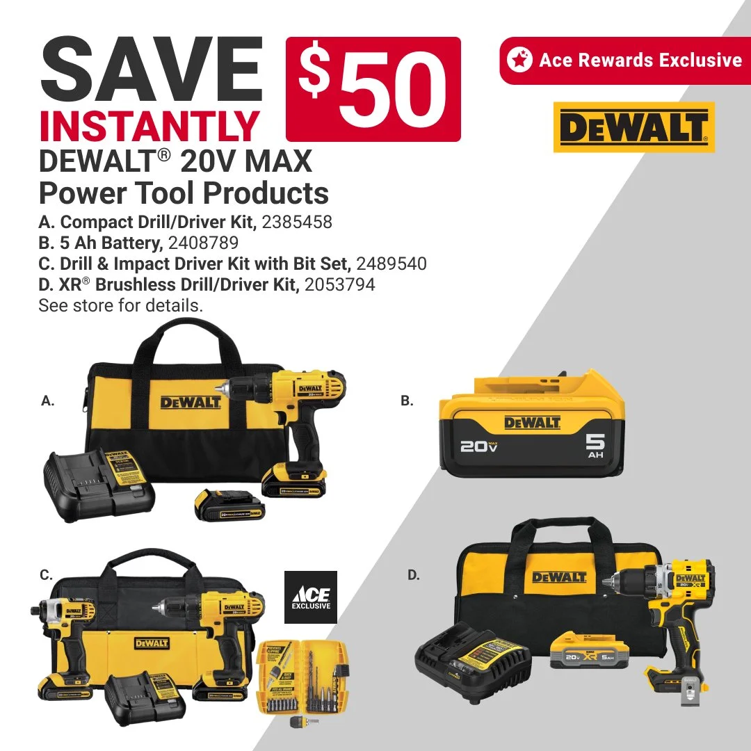Power through projects with select DEWALT&reg; 20V MAX Power Tool Kits and Batteries. ⚡ Delivering the cordless performance you need for everything from home repairs to weekend DIY projects. Offer valid through 10/31/26. #MaineHardware #AceHardware #