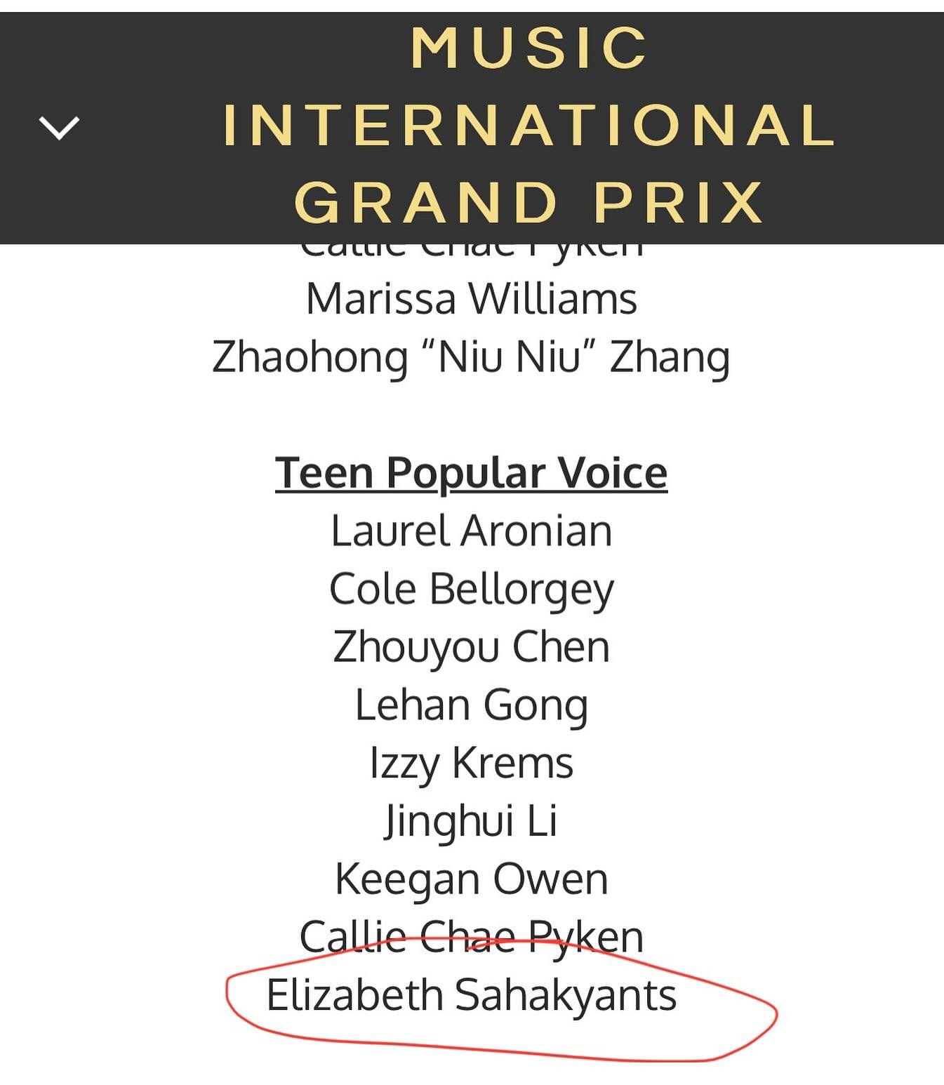 Huge congrats to high school student Elizabeth Sahakyants for making it to the finals in Teen Popular Voice at @musicinternationalgrandprix this year!!! So excited for her! 🎉🎉🎉
(And I spy former student Marissa Williams—currently a student