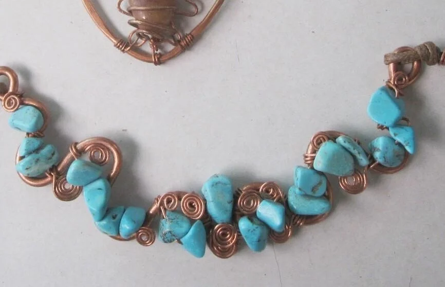 Copper necklace with light blue  stones