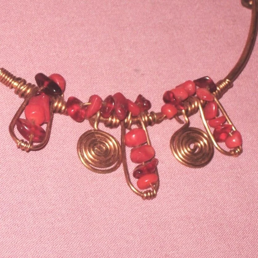 Copper necklace with red stones