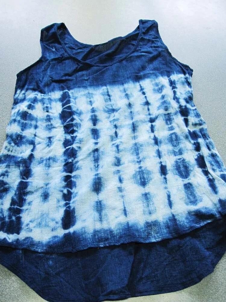 Tie-back top made of tie dye indigo fabric