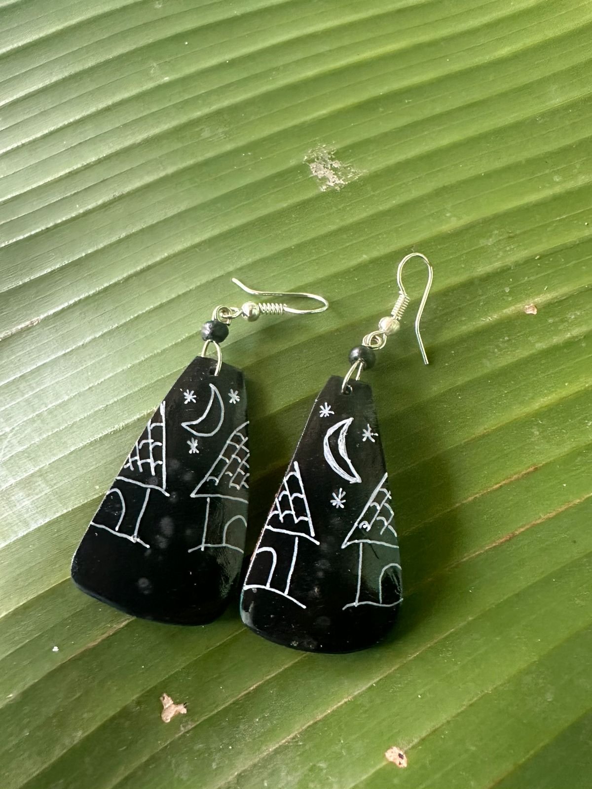Handpainted Earrings Black and white coconut house at night