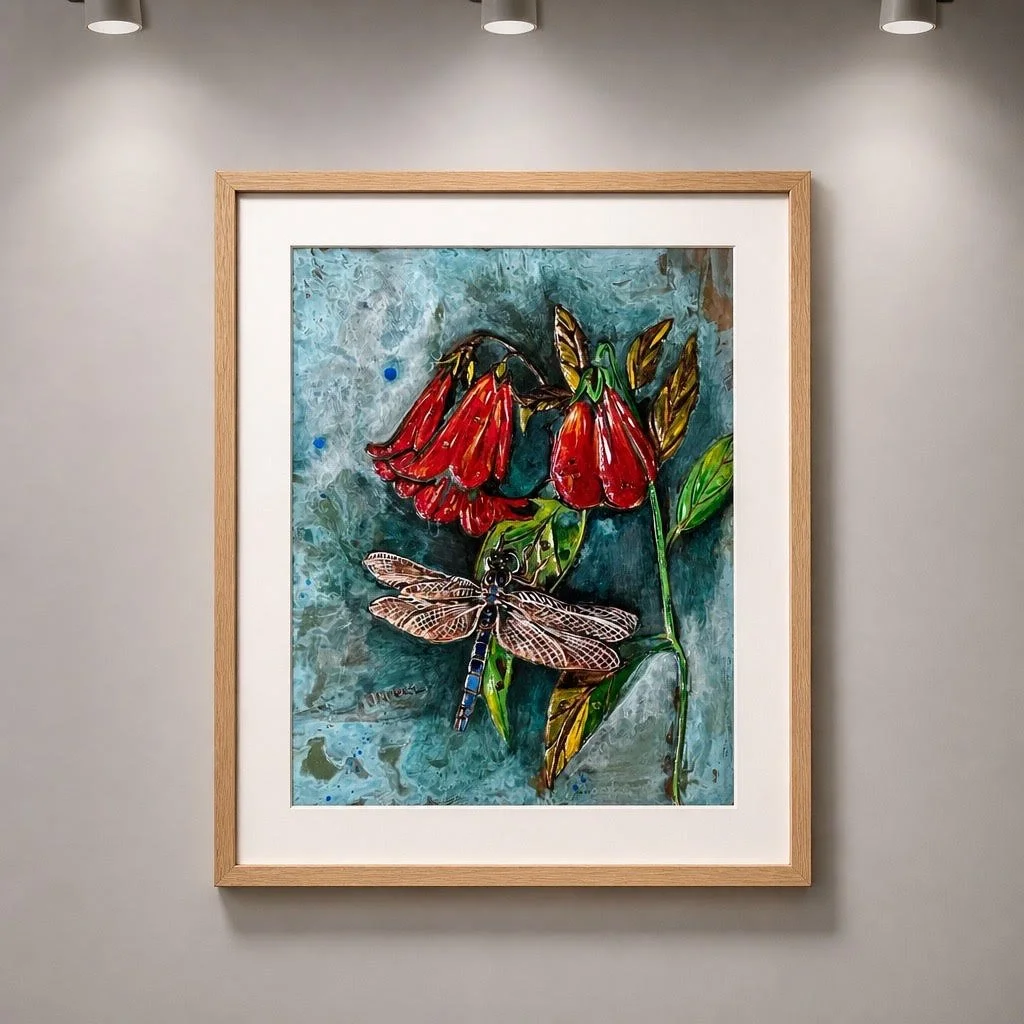 Dragonfly Dew Drops -  Framed and Matted Copper Works
