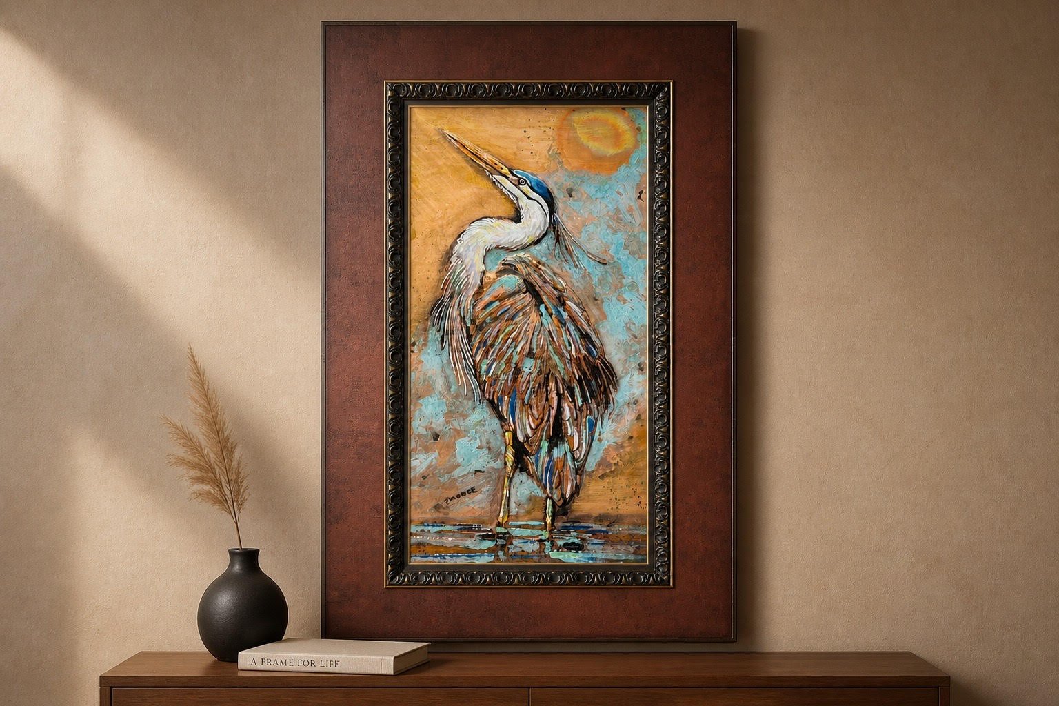 Sunward Heron -  Framed and Matted Copper Works