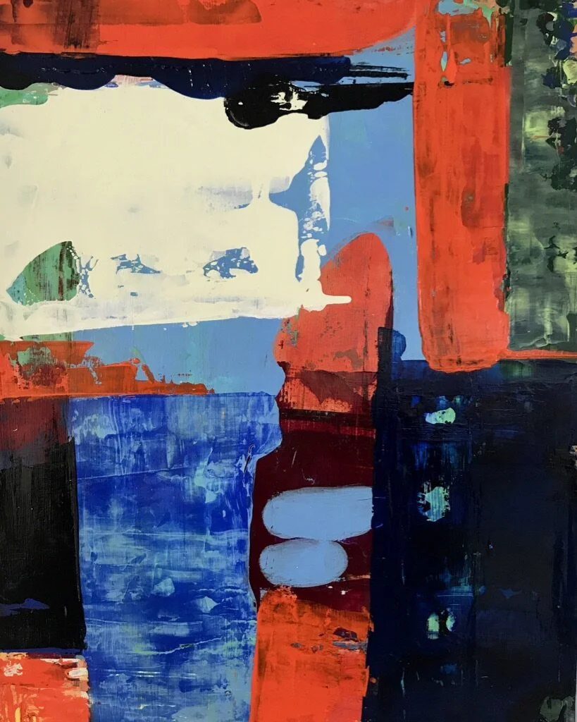 Abstract painting with bold patches of red, blue, black, green, white, and cream colors with textured brushstrokes.