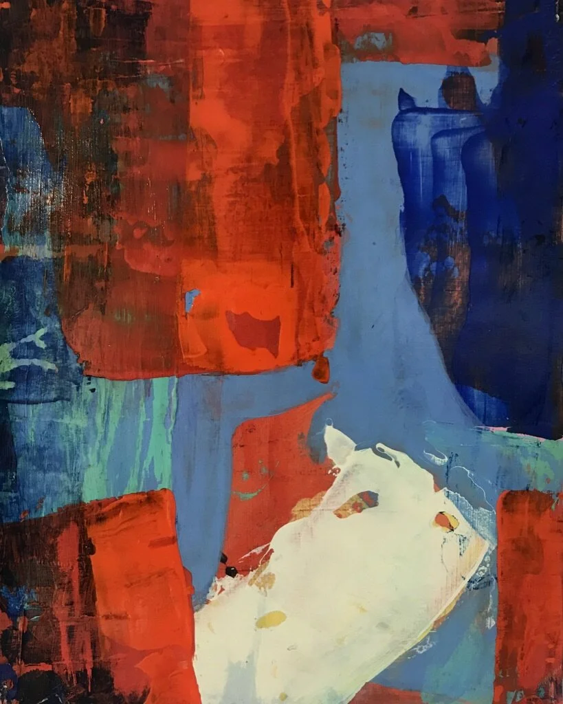 Abstract painting with bold strokes of red, blue, green, and touches of white, with layered textures.