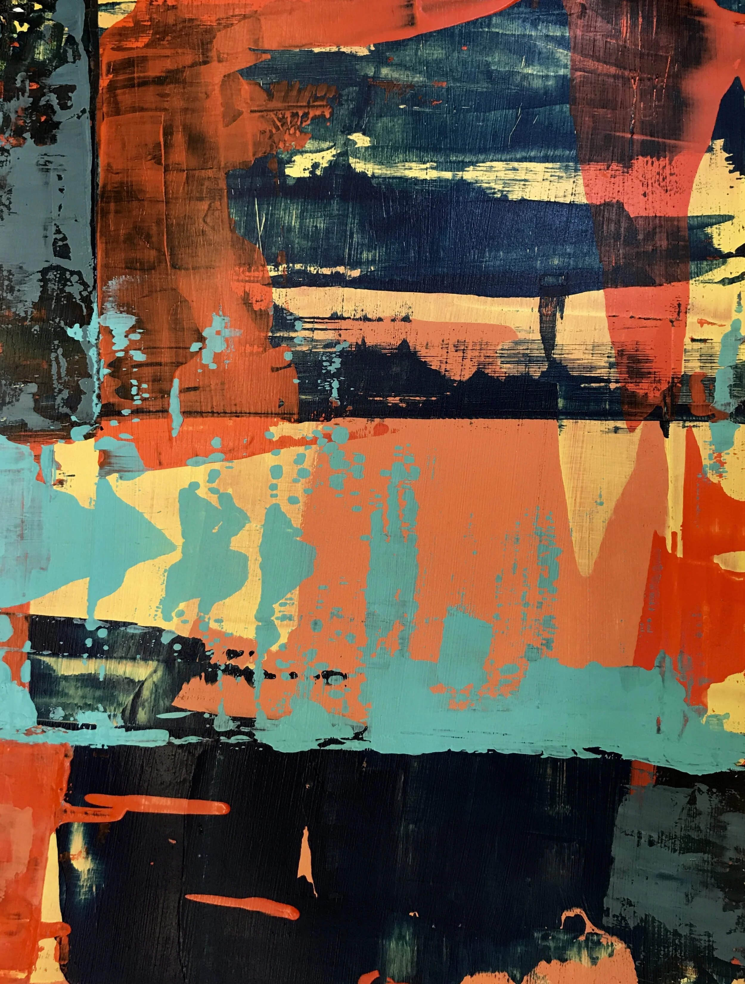 Abstract colorful painting with splashes of orange, yellow, teal, and dark blue, featuring layered brushstrokes and textured patterns.