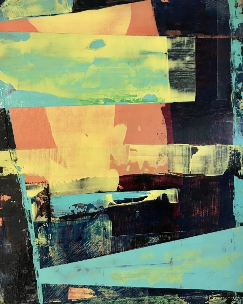 Abstract painting featuring bold blocks of yellow, black, teal, orange, and red with mixed textures and overlapping shapes.