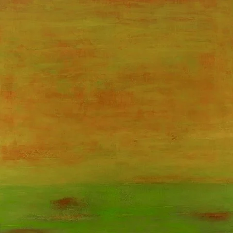Abstract artwork with horizontal bands of yellow, orange, red, and green colors.