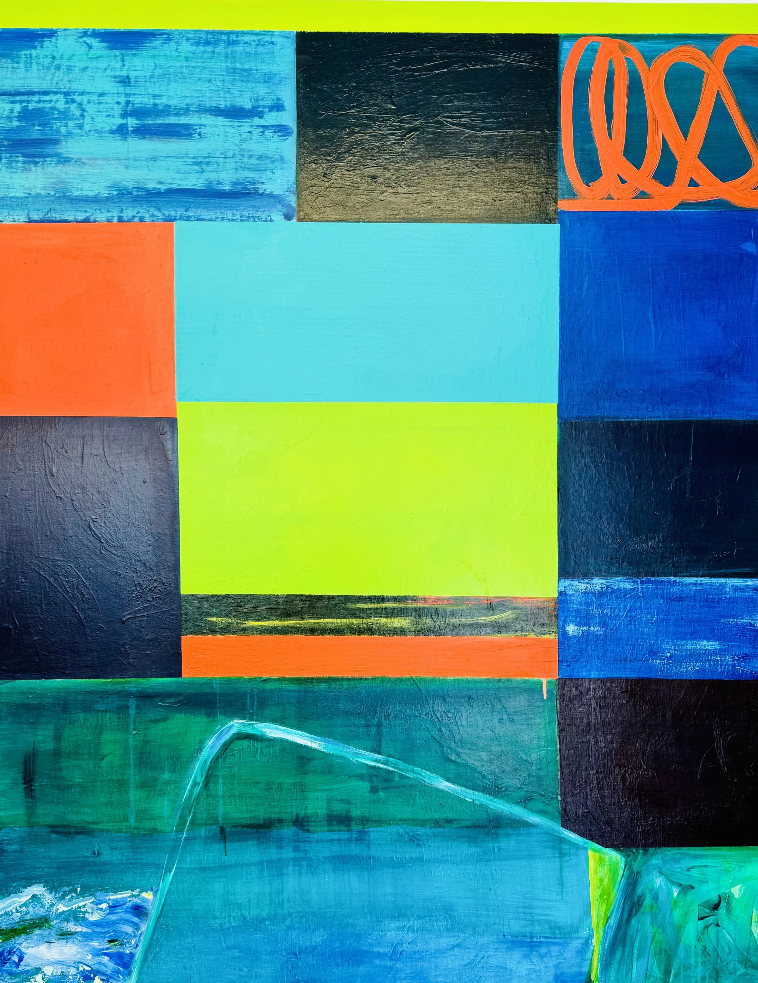 Abstract colorful painting with rectangular sections of blue, green, black, orange, and yellow, featuring various brushstrokes and a looping orange line.