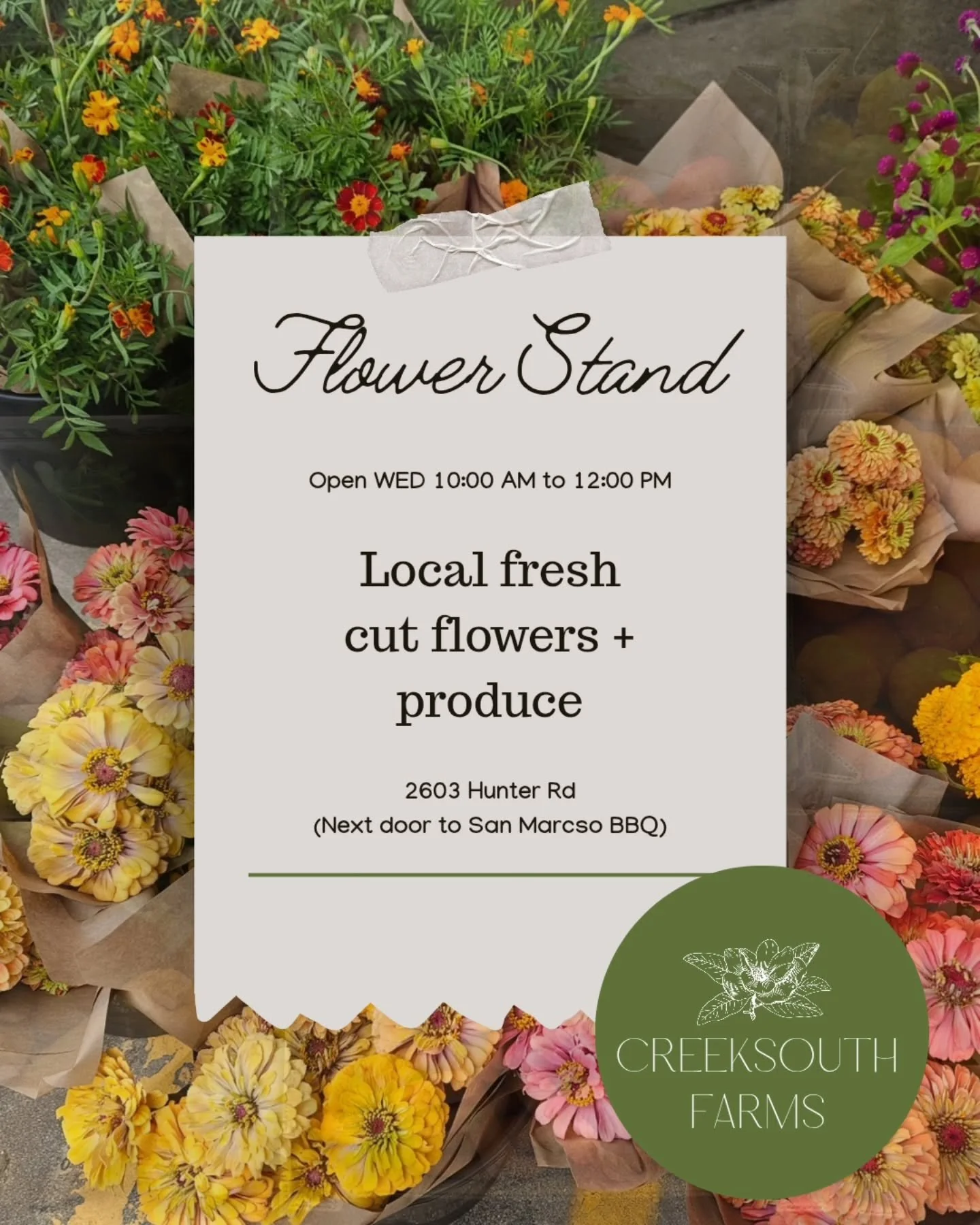 Happy Wednesday, San Marcos! 🌻🥕

We'll be set up today from 10 AM&ndash;12 PM next door to our favorite BBQ joint, @sanmarcosbbq !

Swing by for lunch, grab some farm-fresh produce, and treat yourself to a bouquet of locally grown flowers while you