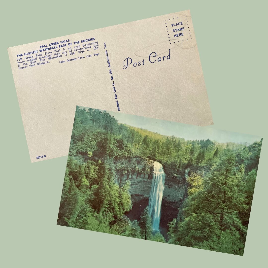 We picked up this vintage postcard showcasing @fallcreekfallspark and we are trying to come up with some way of displaying it-Visit our stories to help us out! 

The back reads: The highest waterfall east of the Rockies - Fall Creek Falls State Park 