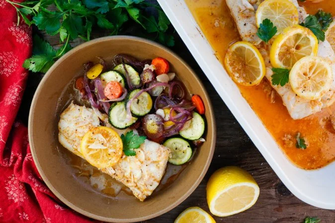 Baked Lemon Cod with Roasted Winter Vegetables 