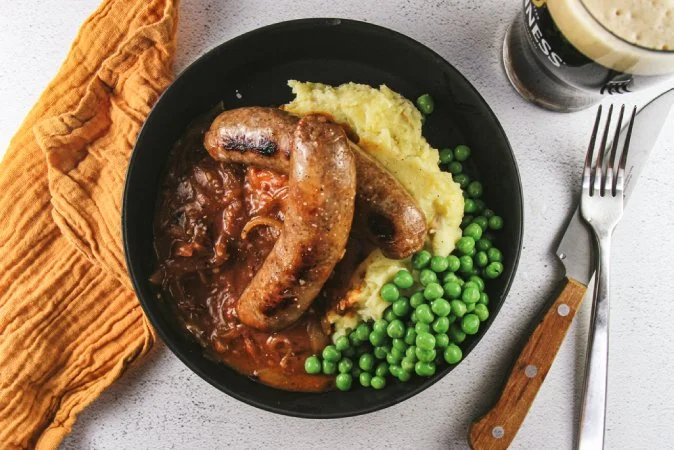Bangers and Mash with Stout Gravy