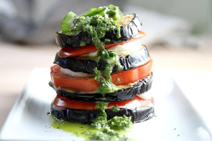 Grilled Eggplant Caprese Stacks with Fresh Pesto