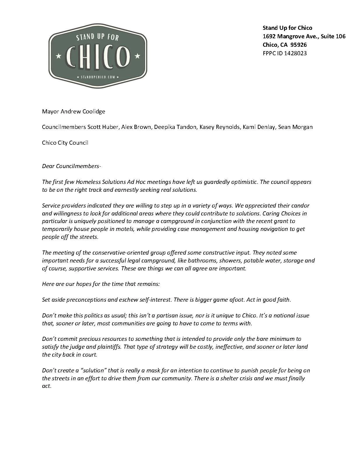An Open Letter to the Chico City Council Regarding Solutions for Homelessness