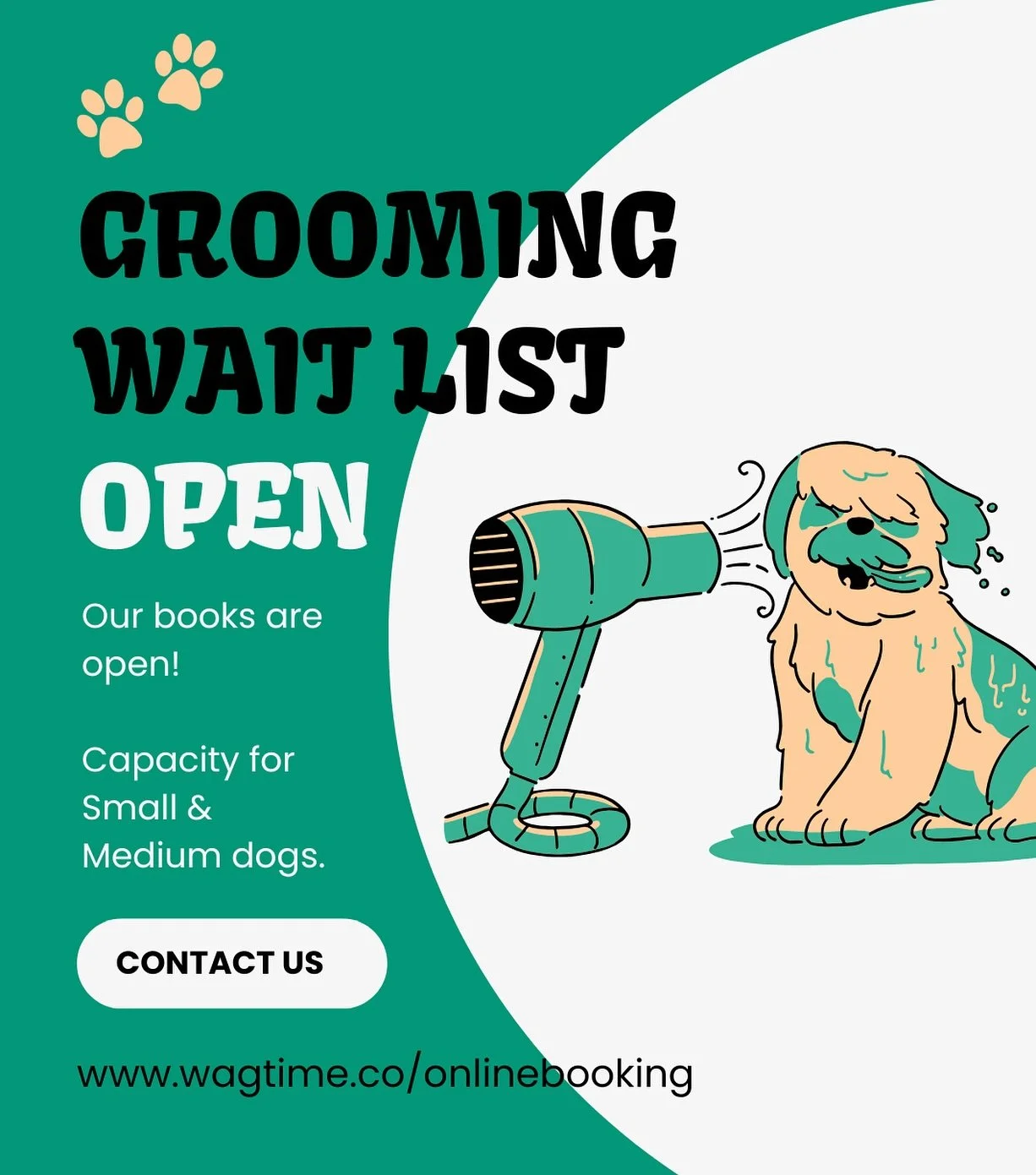 We&rsquo;ve reopened our books to new clients! 
Appointments available in the next few weeks!

*Small and Medium dogs only.

Submit your request on our webpage www.wagtime.co and one of our team will be in touch!