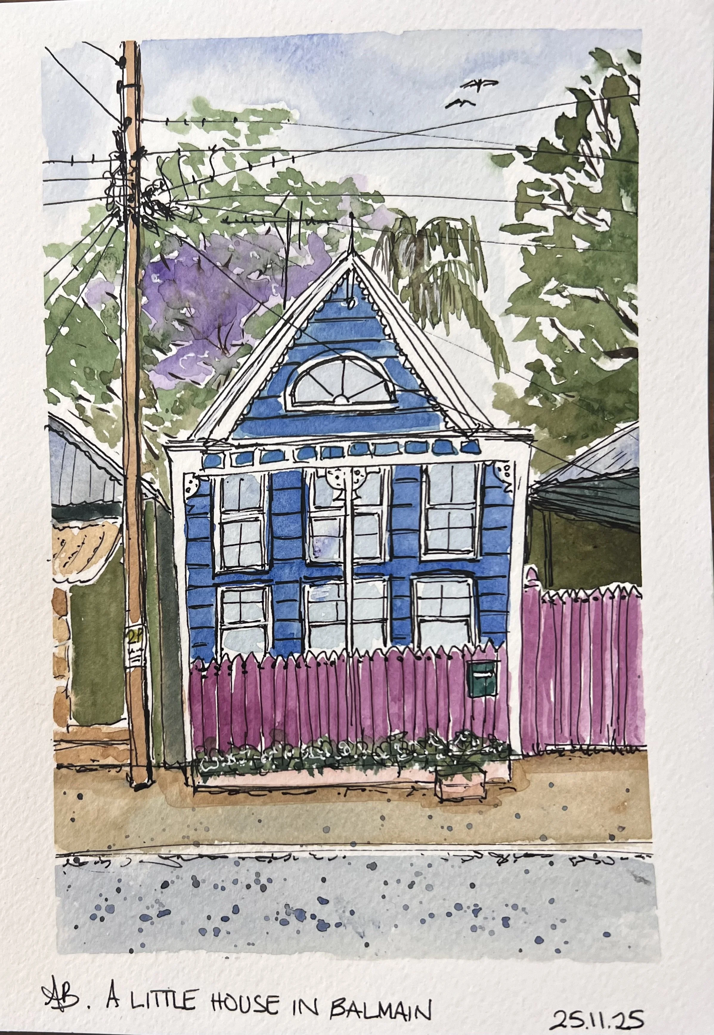 Watercolor painting of a small blue house in Balmain with a purple picket fence and green trees in the background, featuring power lines overhead.
