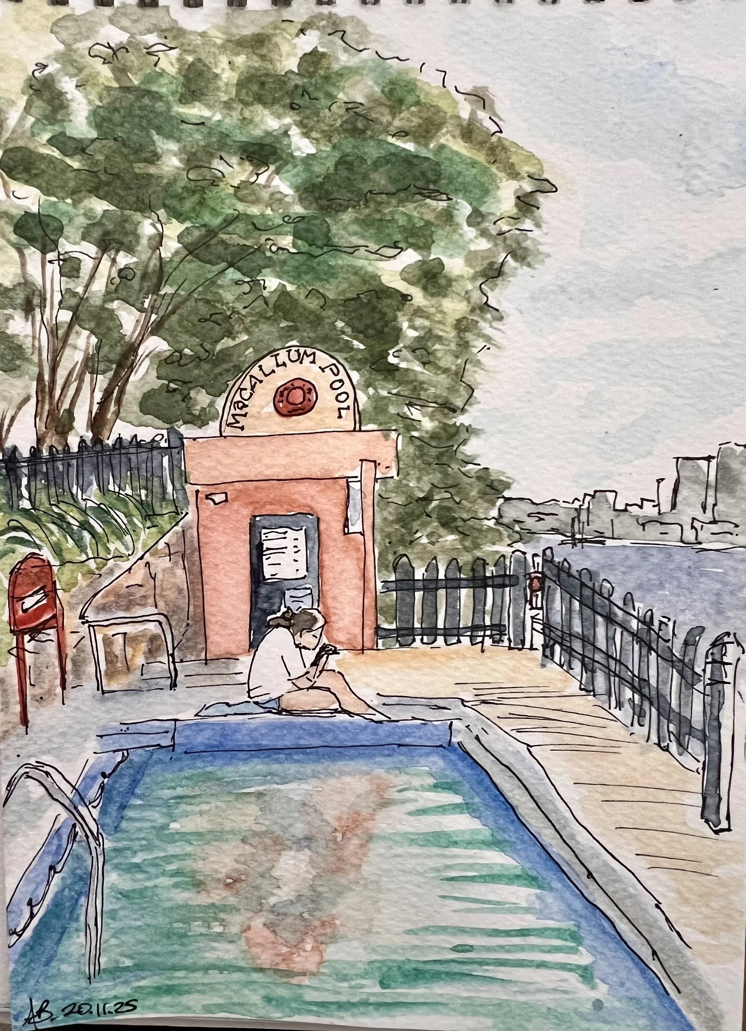 A watercolor painting of a person sitting by a pool, looking at their phone. In the background, there is a sign marked 'Mcallum Pool,' trees, a black fence, and a cityscape across the water.