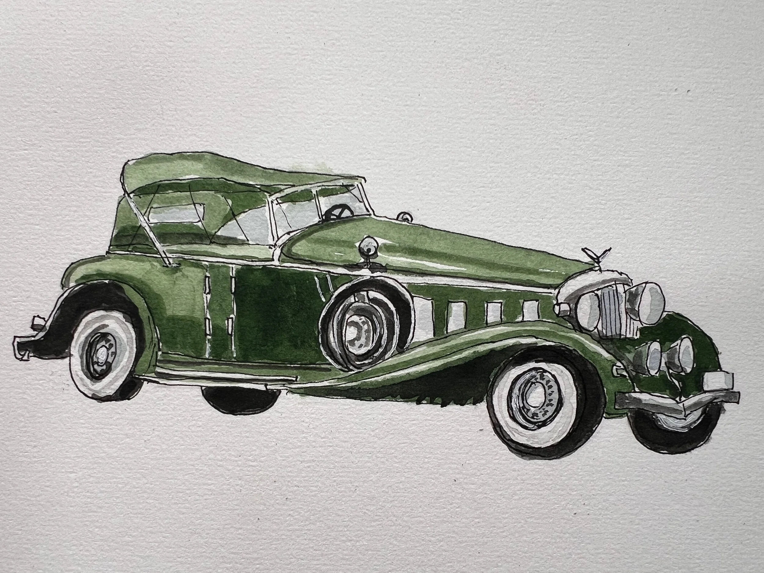 Watercolor painting of a vintage green car with black and white accents, featuring round headlights and a classic design.