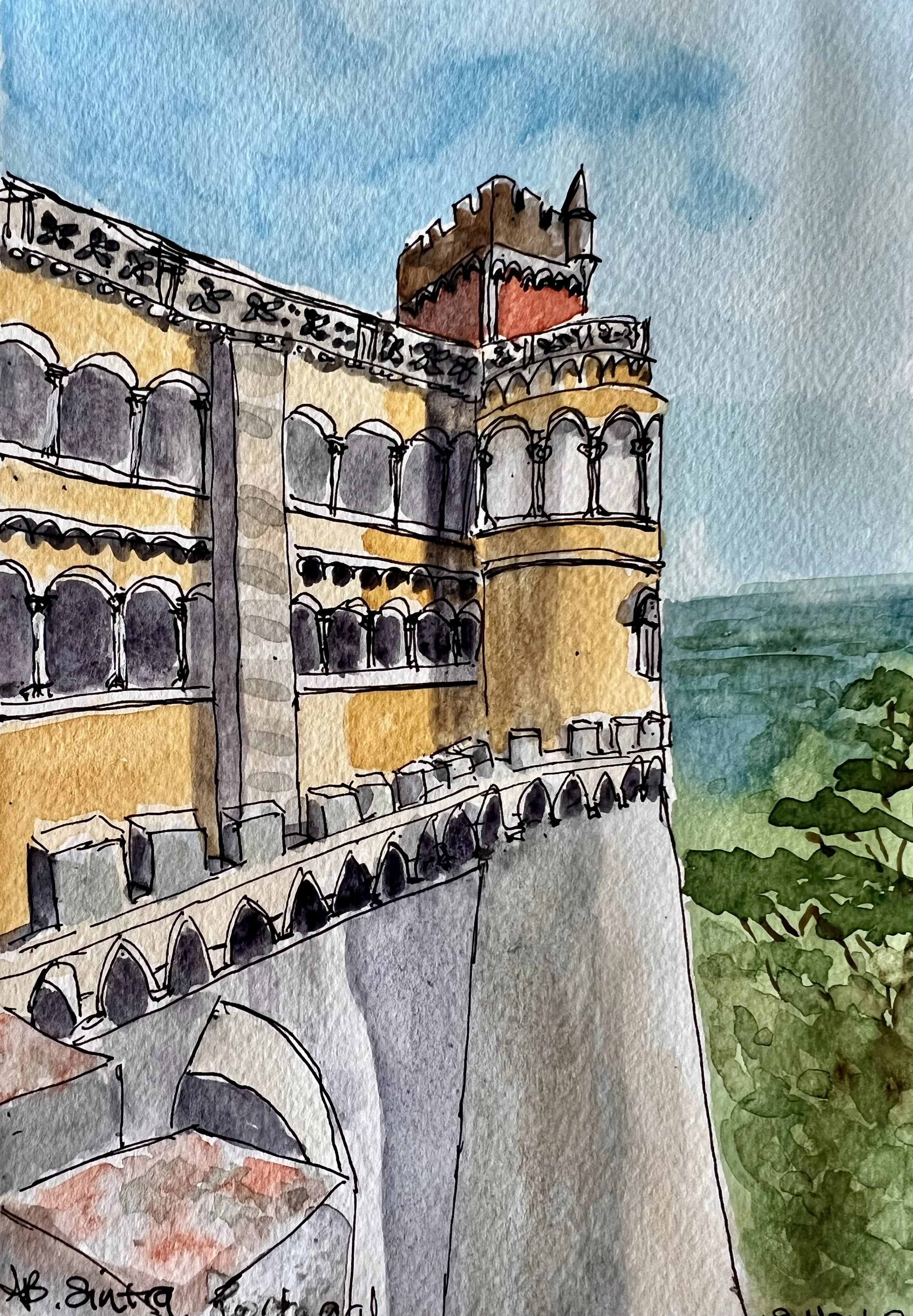 A watercolor painting of Sintra Portugal, practice perspective class