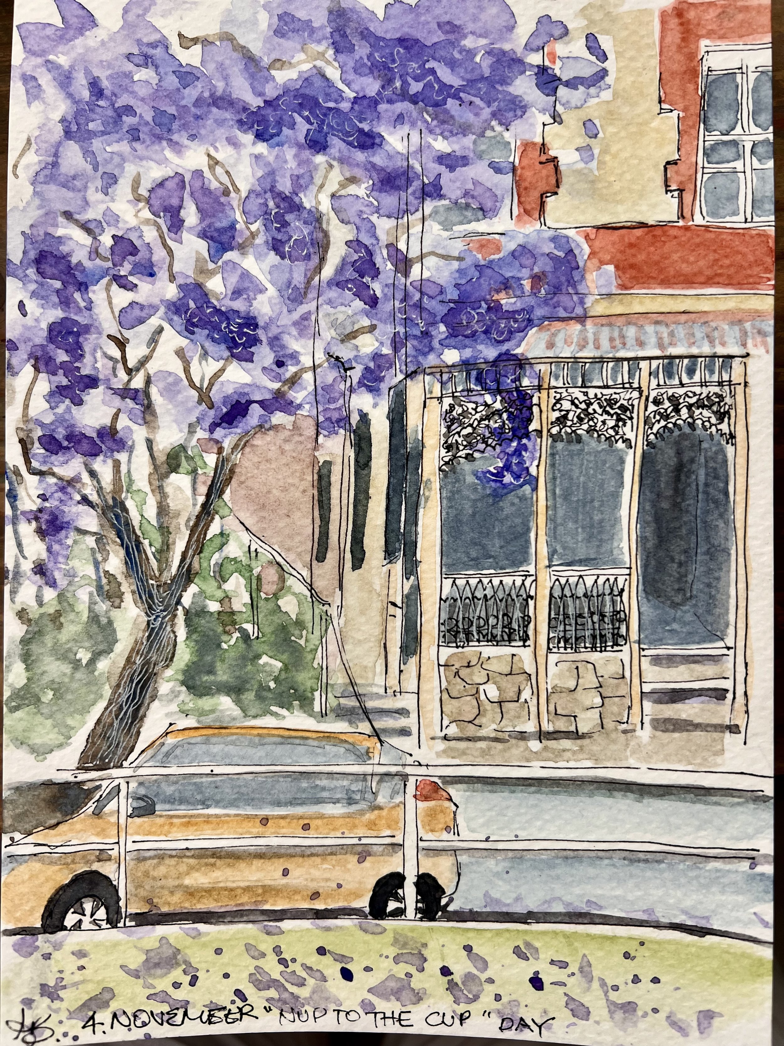 A watercolor painting of a street scene featuring a large purple flowering tree, a yellow car, a building with a balcony and window, and a word written at the bottom: '4 November - Up to the Cup Day'.