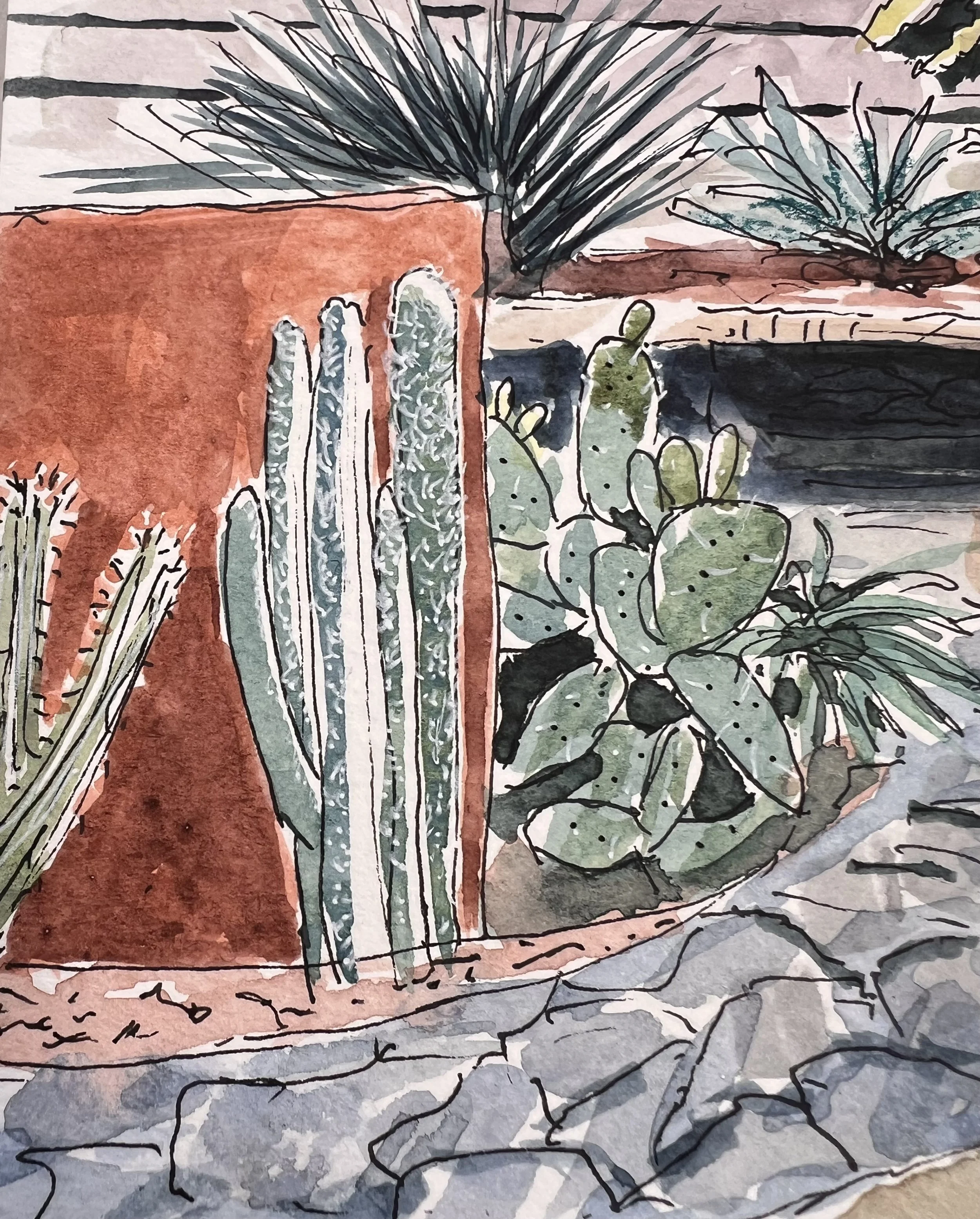A watercolor painting of a desert scene with cacti and succulents against a rocky ground and a pinkish sky.