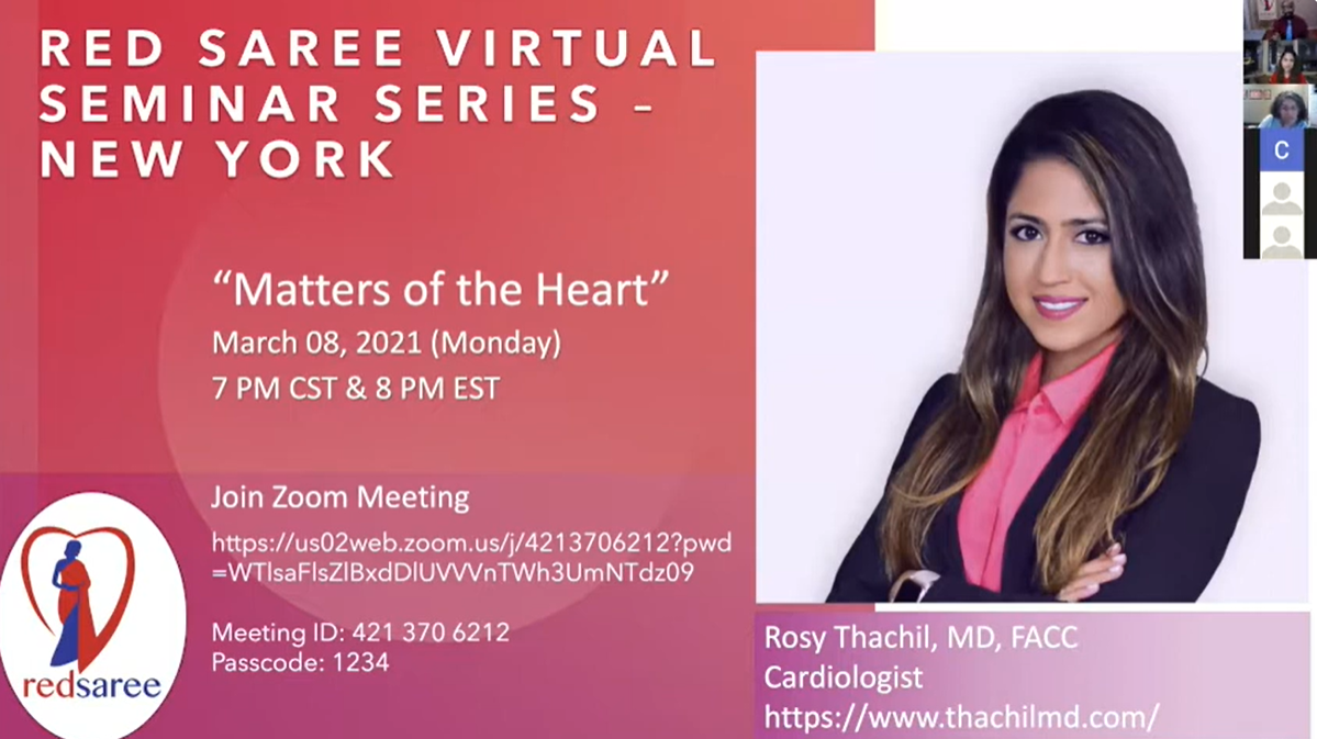 Advertisement for a virtual seminar series titled 'Matters of the Heart' hosted by Red Saree on March 8, 2021, at 7 PM CST and 8 PM EST. The speaker is Dr. Rosy Thachil, a cardiologist. The flyer includes a photo of Dr. Thachil and details for joining via Zoom with a given link, meeting ID, and passcode.