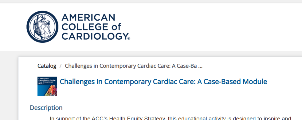 Screenshot of the American College of Cardiology website page titled 'Challenges in Contemporary Cardiac Care: A Case-Based Module' with the ACC logo at the top left.
