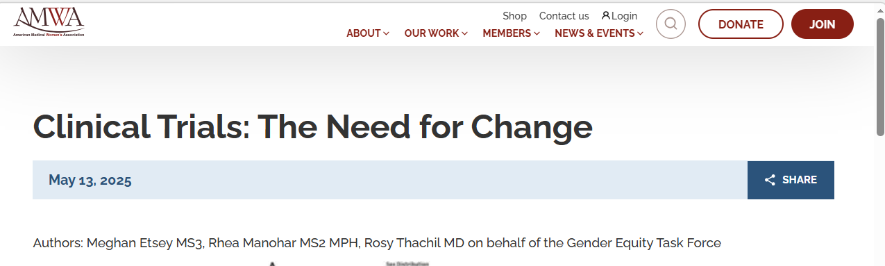 Screenshot of a webpage titled 'Clinical Trials: The Need for Change,' published by the American Medical Women's Association on May 13, 2025, with authors Meghan Etsey, Rhea Manohar, and Rosy Thachil.