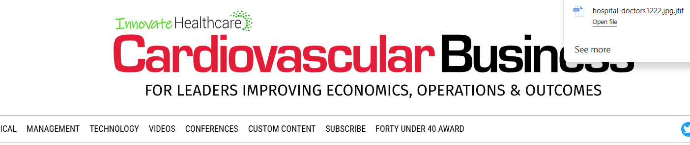 The webpage header for Cardiovascular Business with the title in large red and black text, and a smaller green text above it saying "Innovate Healthcare." The subtitle states, "For Leaders Improving Economics, Operations & Outcomes," with a navigation menu below.