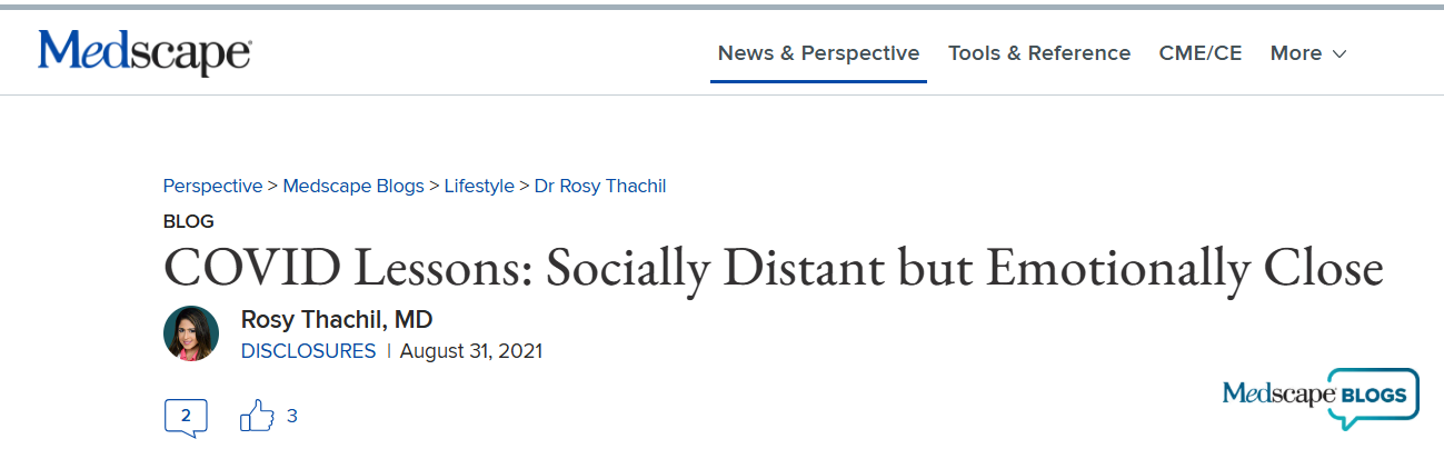 Medscape blog article titled "COVID Lessons: Socially Distant but Emotionally Close" by Rosy Thachil, MD, dated August 31, 2021, with the Medscape logo and social media icons.