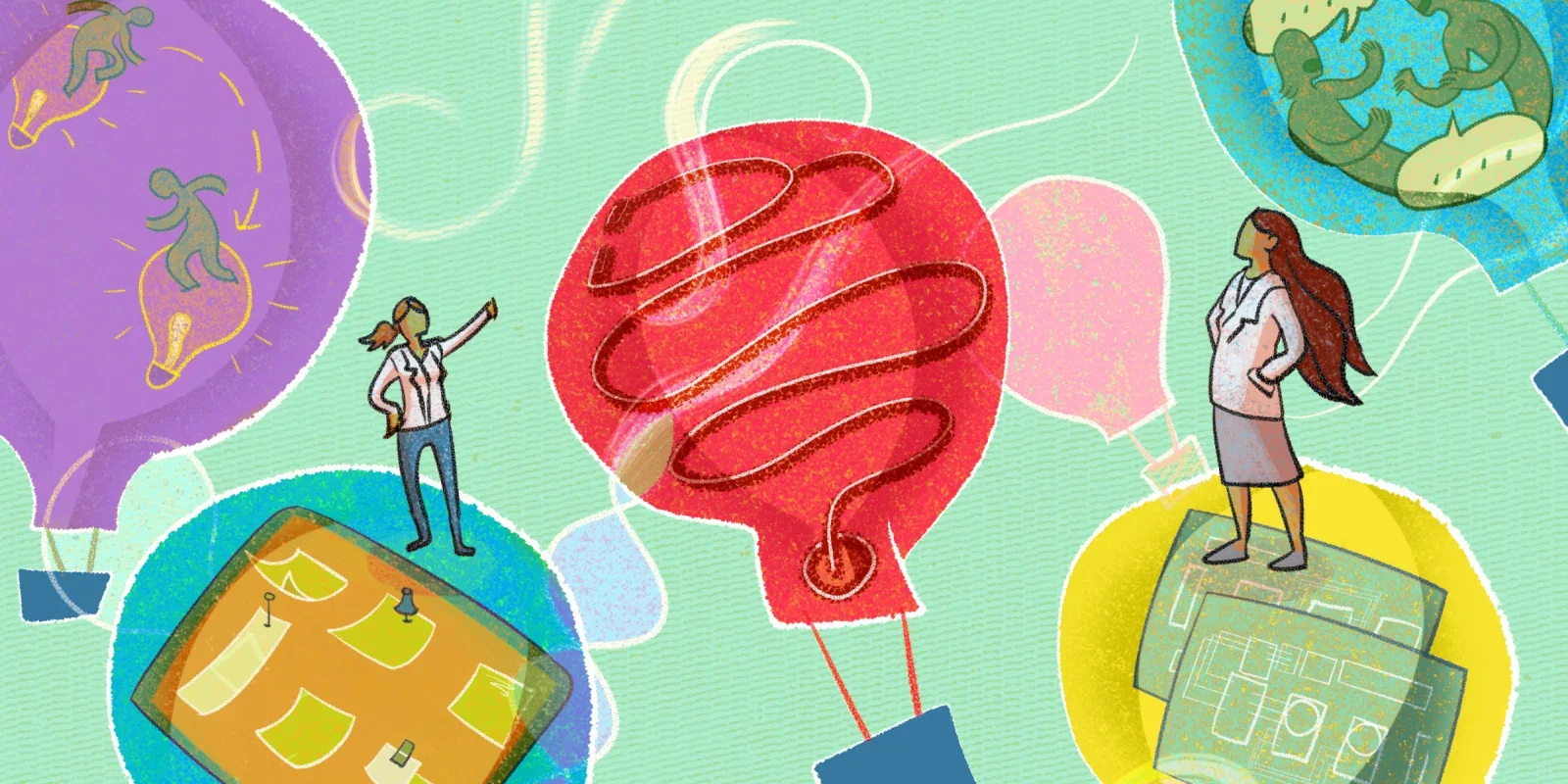 Two women with long hair, wearing professional attire, standing on architectural or blueprint-like surfaces. Surrounding them are colorful speech bubbles containing dinosaurs and a red question mark with a snakeskin pattern. The background is light green with abstract geometrical shapes.