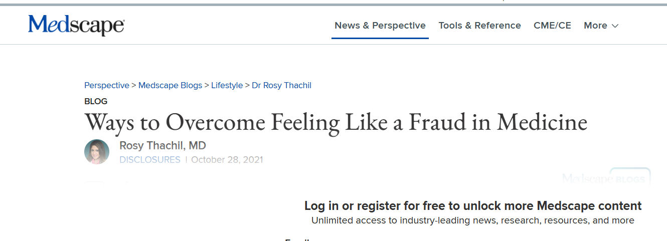 Screenshot of an article titled 'Ways to Overcome Feeling Like a Fraud in Medicine' by Rosy Thachil, MD, on Medscape's website, dated October 28, 2021.