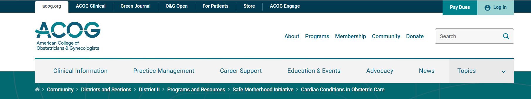 Screenshot of the American College of Obstetricians & Gynecologists (ACOG) website, showing menu options including Clinical Information, Practice Management, Career Support, Education & Events, Advocacy, News, and Topics. The page pathway indicates it is under Community > Districts and Sections > District II > Programs and Resources > Safe Motherhood Initiative > Cardiac Conditions in Obstetric Care.