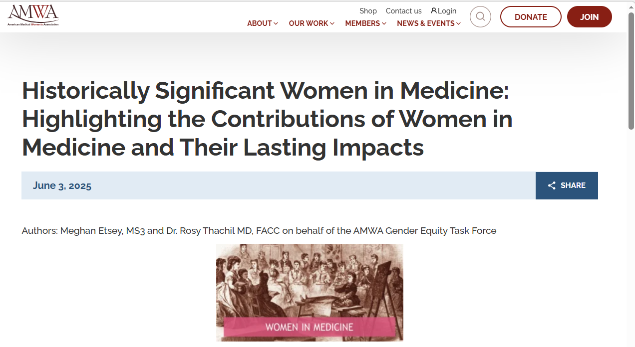 Historical illustration of women in medicine, with a pink banner labeled 'Women in Medicine' at the bottom.