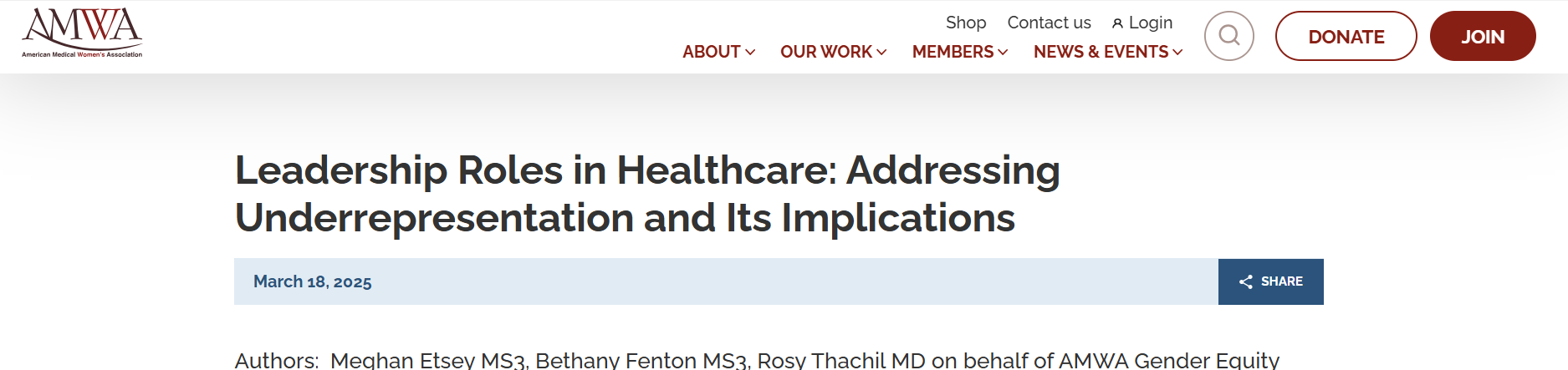 Screenshot of a webpage titled 'Leadership Roles in Healthcare: Addressing Underrepresentation and Its Implications,' published on March 18, 2025, by the American Medical Women's Association (AMWA). The webpage includes navigation links, a search icon, a share button, and options to donate or join.